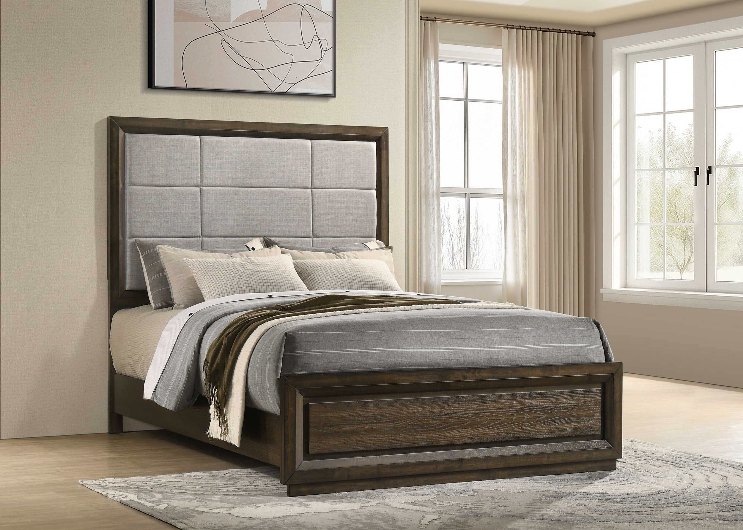 Atlas 64-inch Queen Upholstered Panel Bed Grey and Dark Oak — view 2