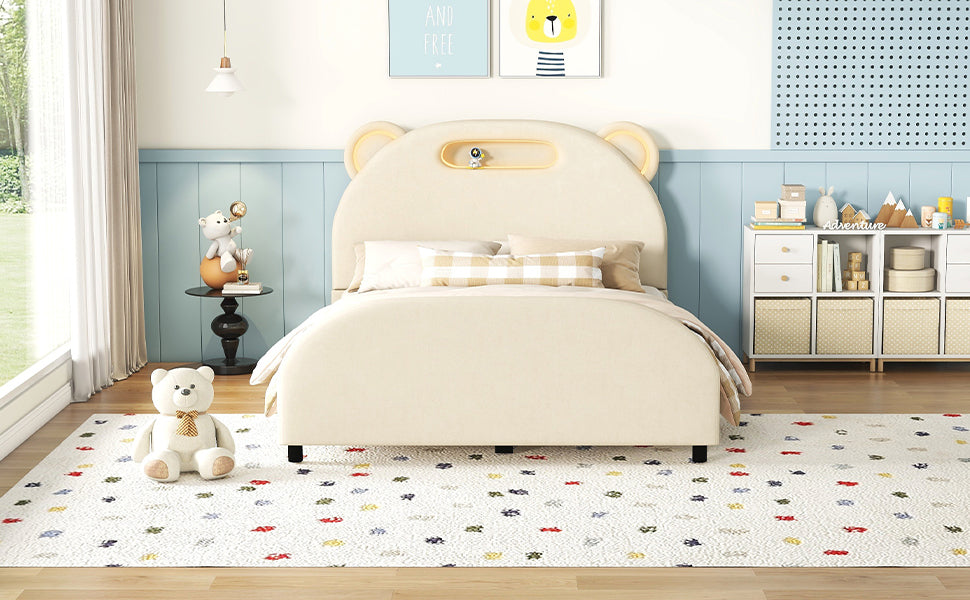 Full Size Upholstered Platform Bed with Bear-Shaped Headboard and Embedded Light Stripe, Velvet, Beige - Atlantic Fine Furniture Melbourne FL