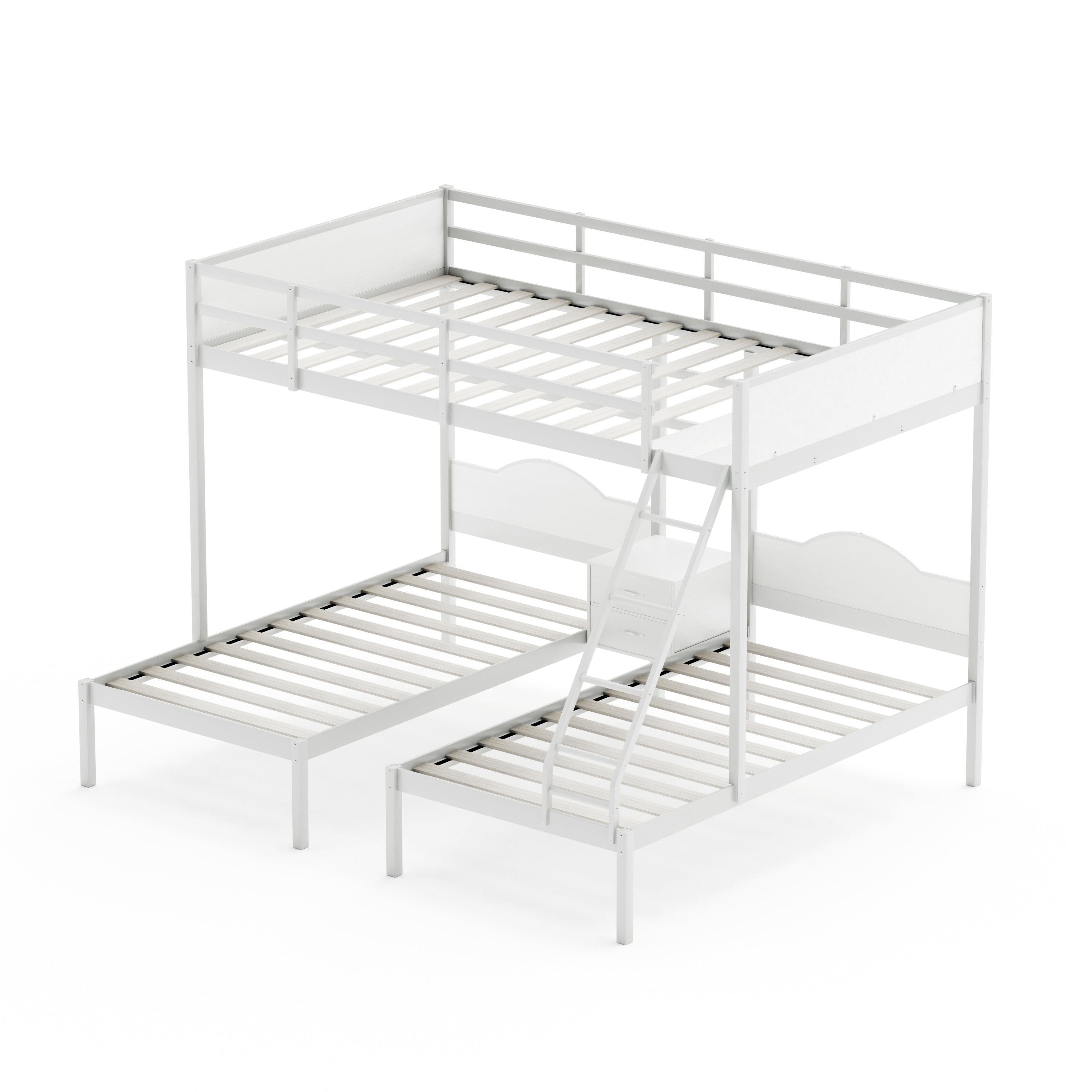 Full Over Twin & Twin Bunk Bed Metal Triple Bed With Nightstand and Guardrails. White, 96.9'' L x 76'' W x 69'' H