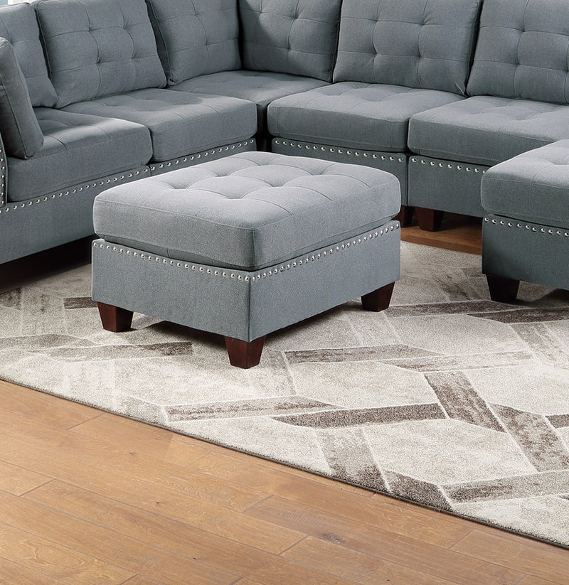 Living Room Furniture Tufted Ottoman Grey Linen Like Fabric 1pc Ottoman Cushion Nail heads Wooden Legs