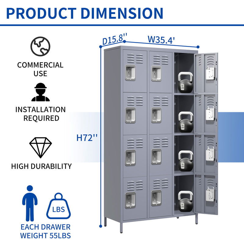 12 Door Lockers With Lock For Secure Storage Construction - Gray
