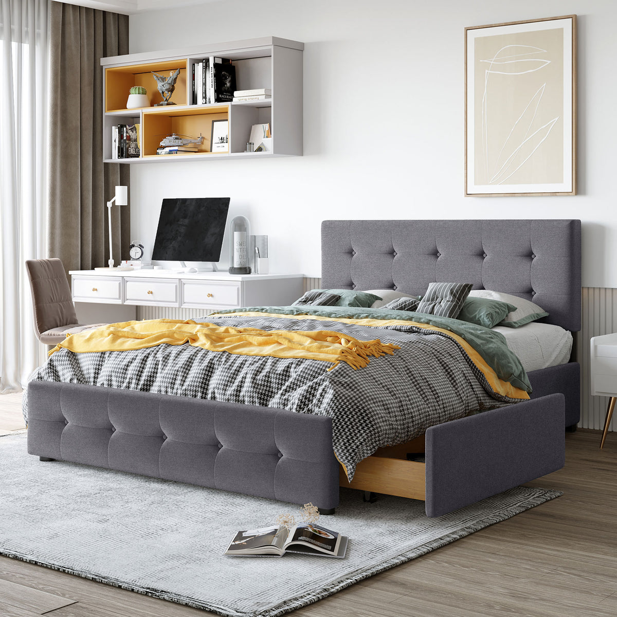 Upholstered Platform Bed with Classic Headboard and 4 Drawers, No Box  Spring Needed, Linen Fabric, Queen Size Dark gray(OLD SKU :LP000114AAE), image size:1200x1200
