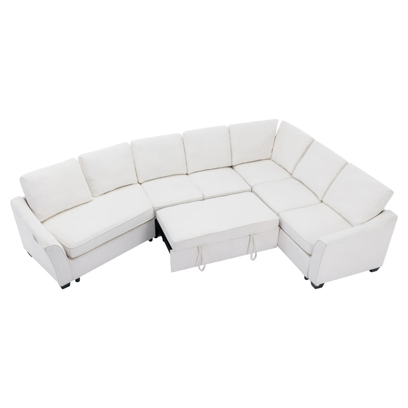 Sectional Sleeper Sofa With Pull-Out Bed Modern L-Shape Couch Bed With USB Charging Port For Living Room, Bedroom - Beige