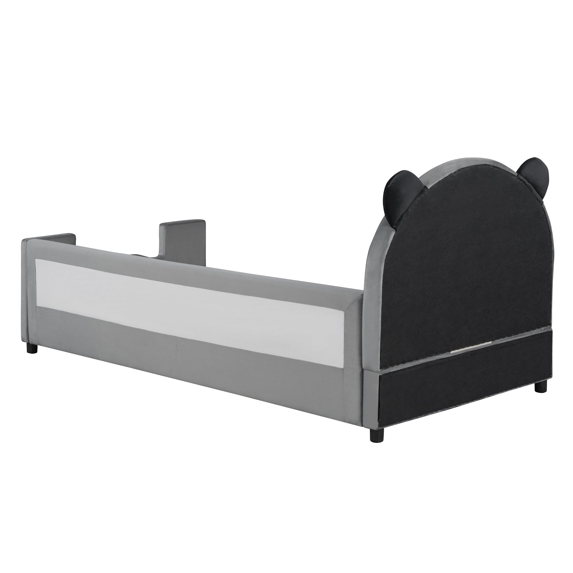Twin Size Upholstered Daybed with Bear Shaped Headboard, Hydraulic System and Breathable Mesh Fence, Gray - Atlantic Fine Furniture Melbourne FL