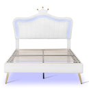 Full Size Upholstered Bed Frame with LED Lights,Modern Upholstered Princess Bed With Crown Headboard,White
