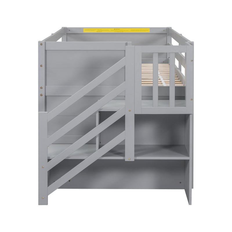 TWIN BED, SOLID WOOD TWIN SIZE LOW LOFT BED WITH STAIR, DRAWER, AND SHELF OF GREY COLOR