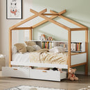 Wooden House Bed Original Wood Colored Frame With Bookshelf Storage Space