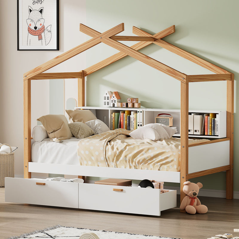 Full Size Wooden House Bed Original Wood Colored Frame With Two Drawers And Bookshelf Storage Space For Children Or Guest Room - White