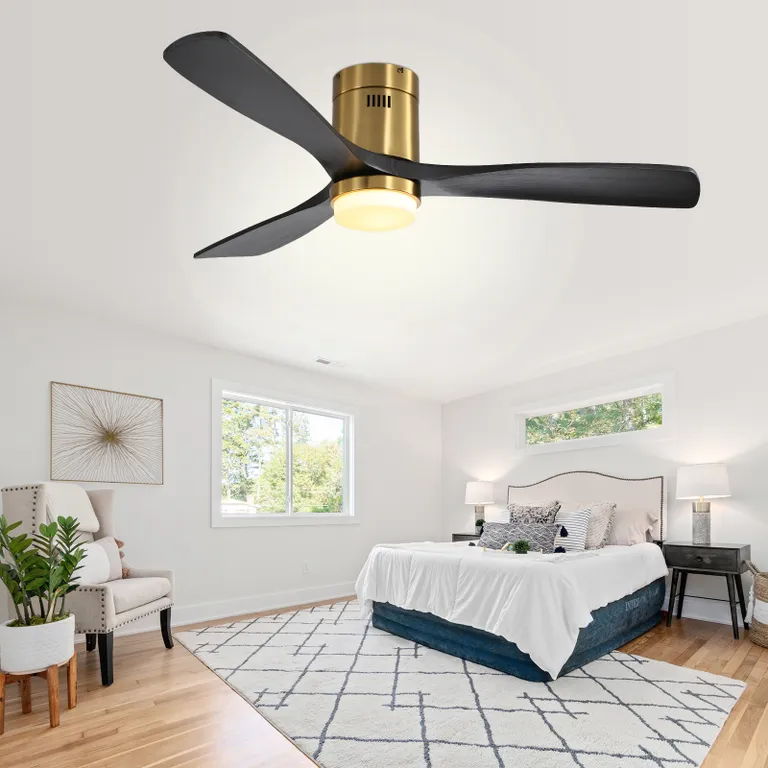 Flush Mount Ceiling Fan With 3 Solid Wood Blades Remote Control Reversible DC Motor For Living Room - Gold