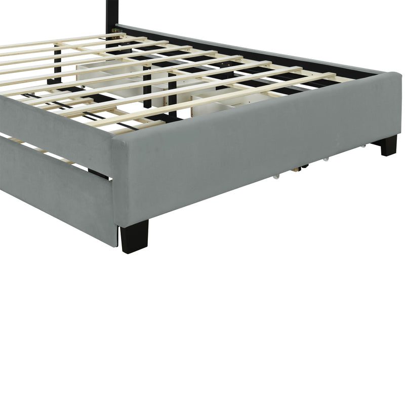 Upholstered Platform Bed With 2 Drawers And 1 Trundle, Classic Strip Headboard Design