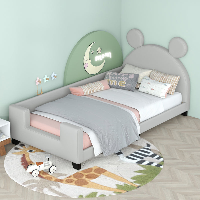 Twin Size Upholstered Daybed with Carton Ears Shaped Headboard, Grey