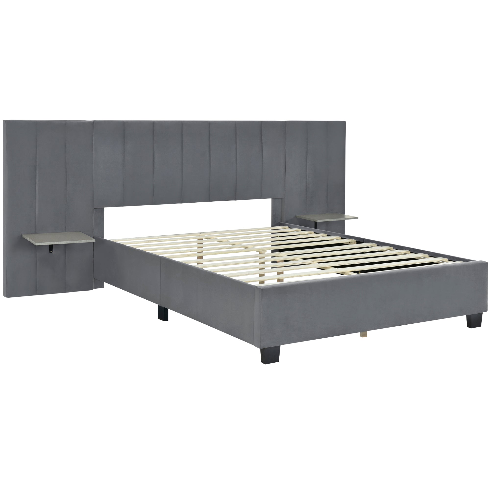Queen Size Upholstered Platform Bed with Big Headboard, Bedroom Furniture, Velvet, Gray - Atlantic Fine Furniture Melbourne FL