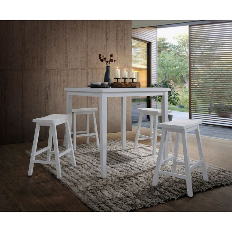 The Gaucho Counter Height Dining Set offers simplicity with a versatility perfect for any small dining space. This set boasts an space saving design, square leg table and four matching saddle style stools. The Table features a Solid Top and square legs.