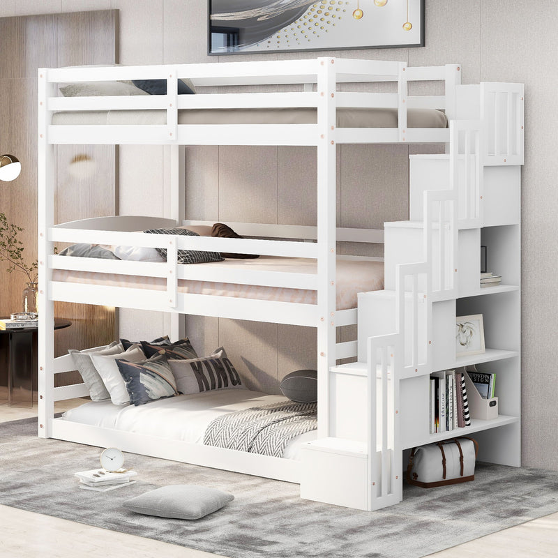 Twin Size Triple Bunk Bed With Storage Staircase, Separate Design - White