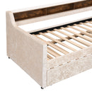 Twin Size Snowflake Velvet Daybed with Trundle and Built-in Storage Shelves,Beige