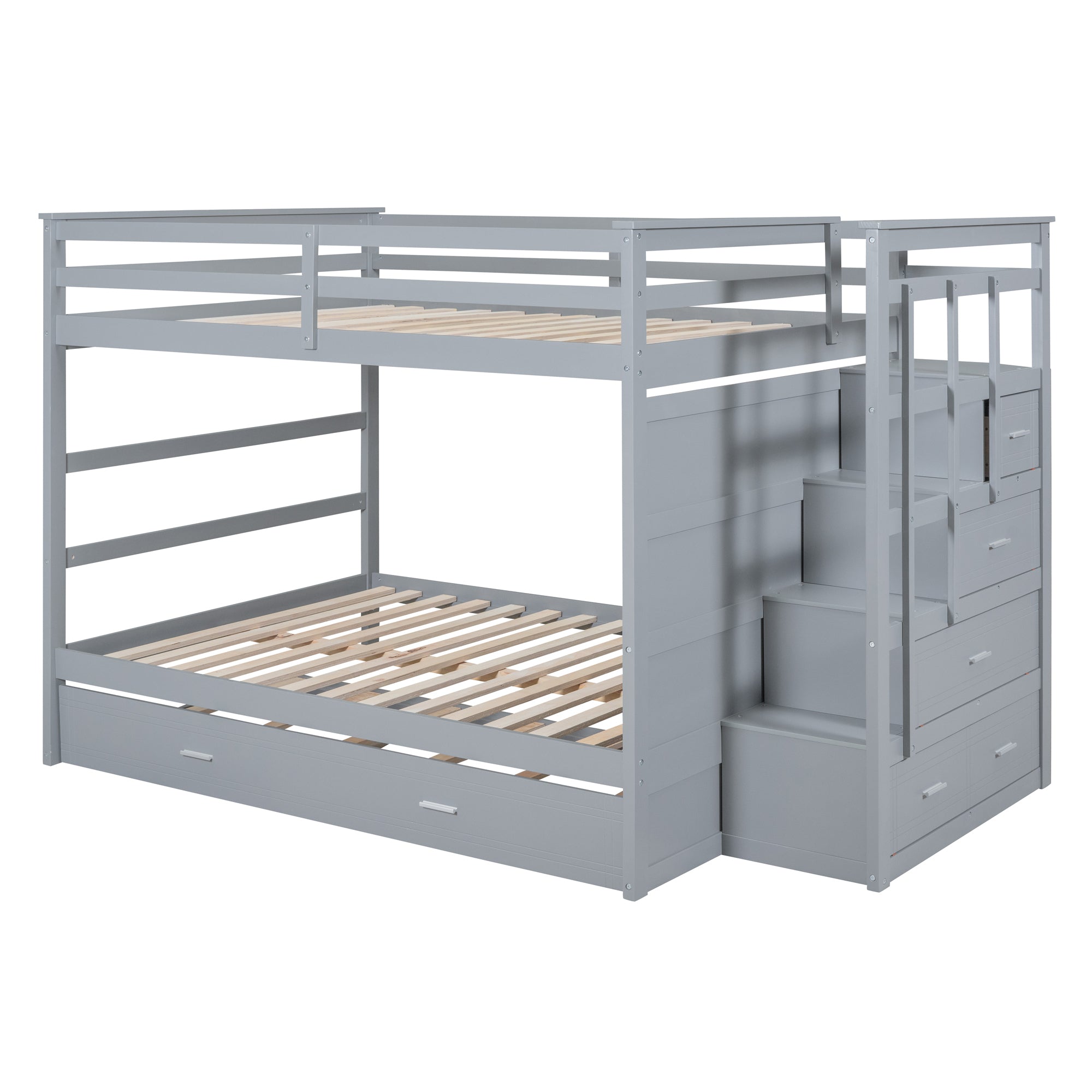 Full Over Full Bunk Bed with Twin Size Trundle and Staircase, Gray - Atlantic Fine Furniture Melbourne FL