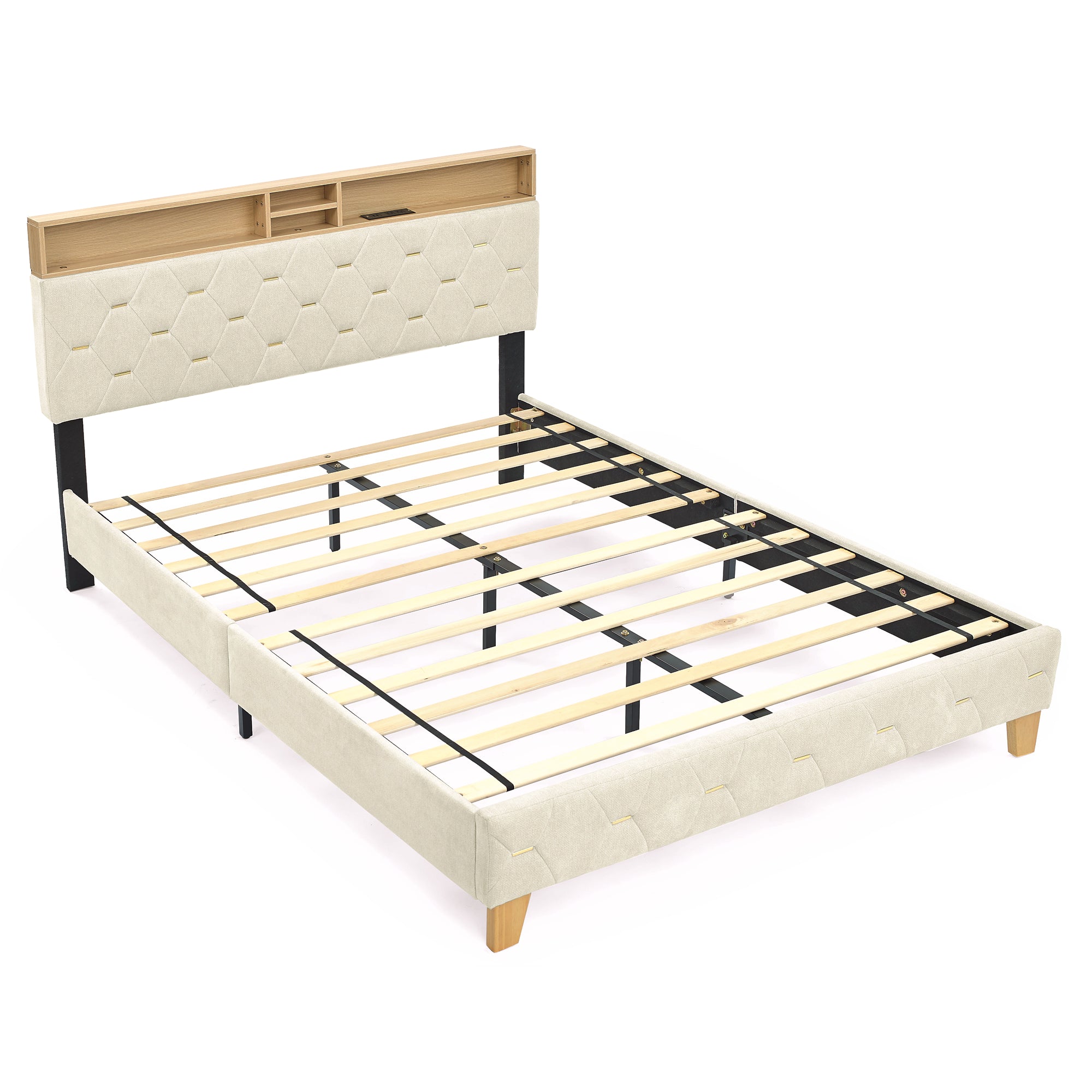 Queen Size Bed Frame, Shelf Upholstered Headboard, Platform Bed with Outlet & USB Ports, Wood Legs, No Box Spring Needed, Easy Assembly, Beige - Atlantic Fine Furniture Melbourne FL