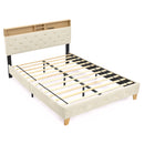 Queen Size Bed Frame, Shelf Upholstered Headboard, Platform Bed with Outlet & USB Ports, Wood Legs, No Box Spring Needed, Easy Assembly, Beige