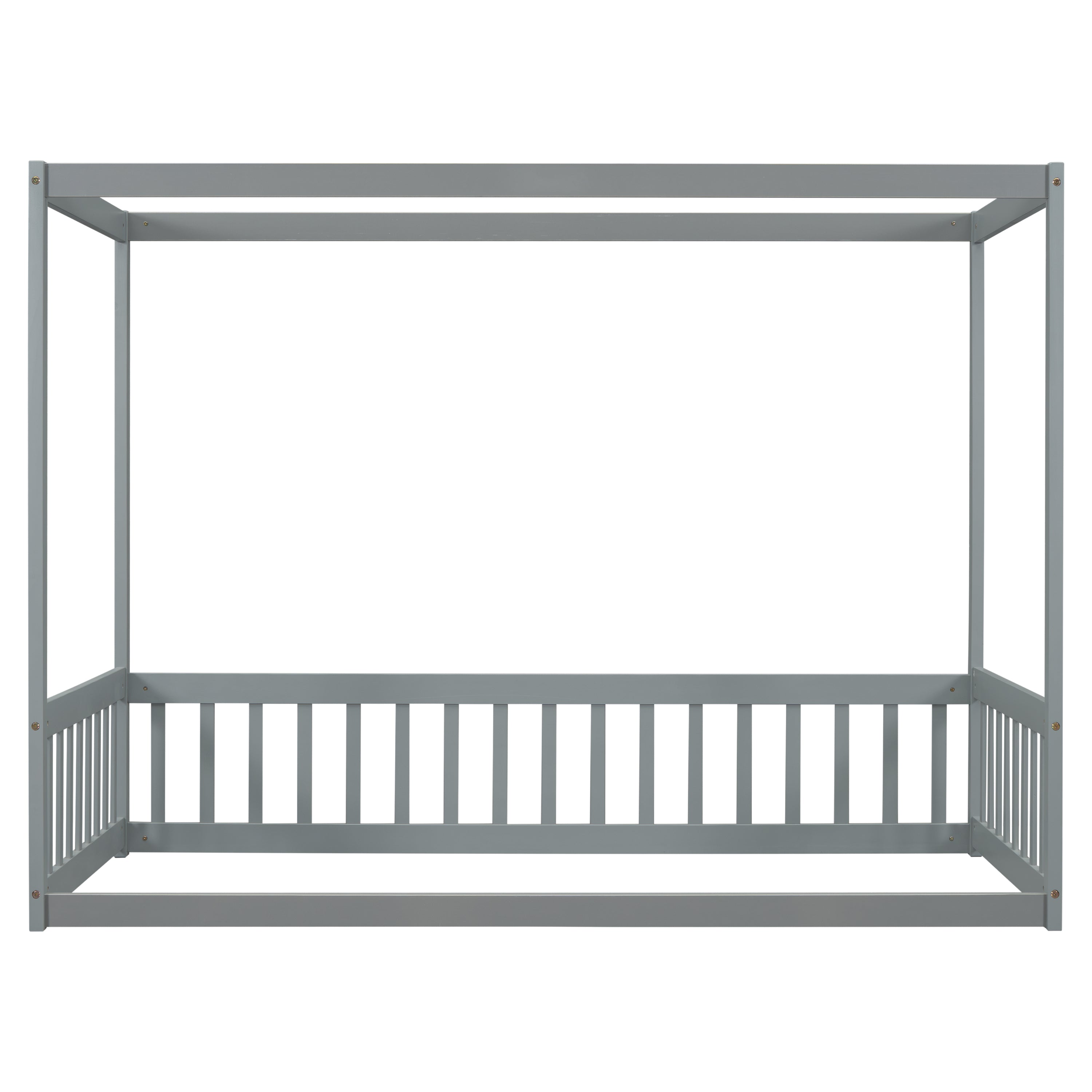 Twin Size Canopy Frame Floor Bed with Fence, Guardrails,Grey