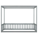 Twin Size Canopy Frame Floor Bed with Fence, Guardrails,Grey