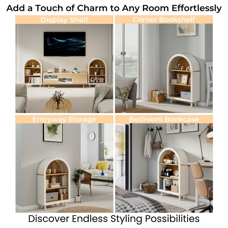 Arched Small Bookcase, Storage Cabinet, Bookshelf With 3 Shelves For Living Room - Oak / White