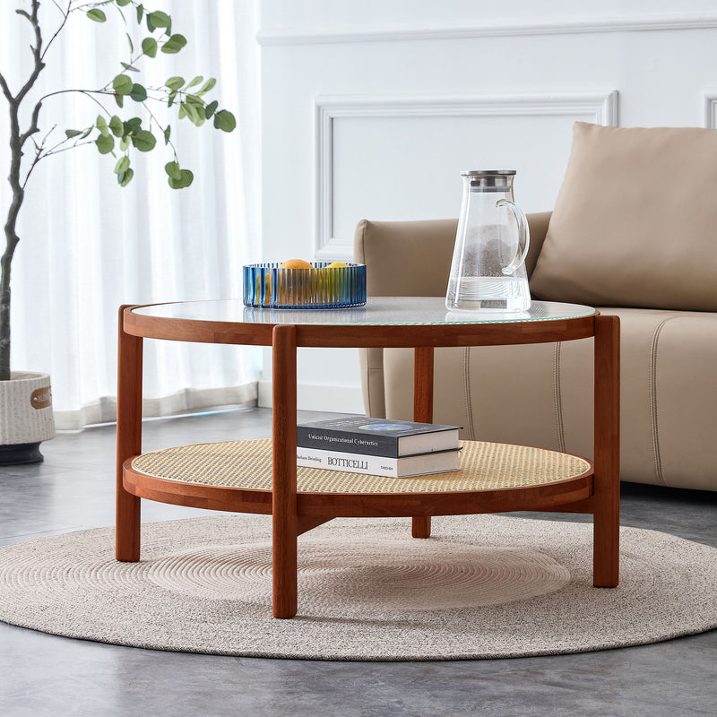 Modern Style Circular Double Layer Tea Table With Rattan Weave
