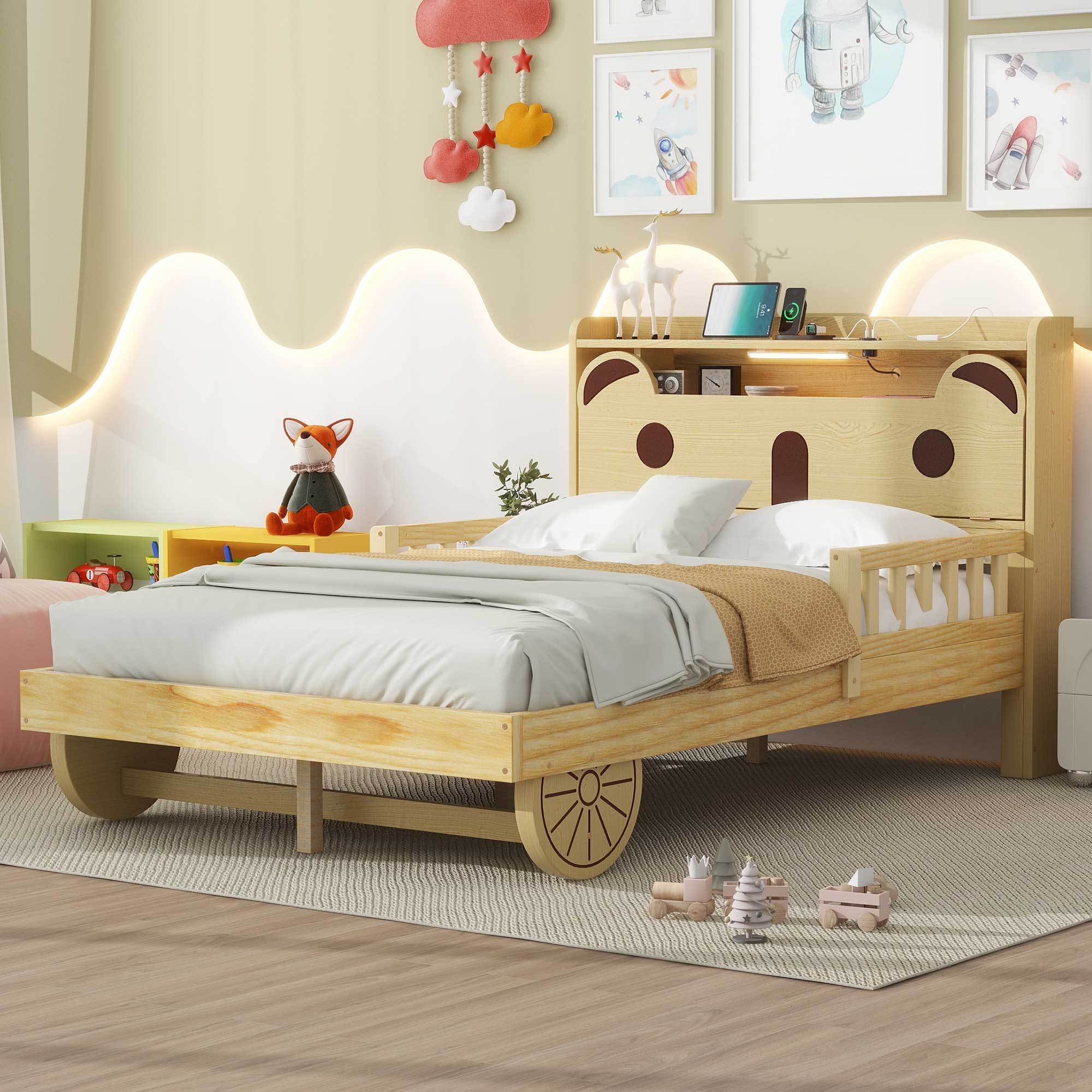 Full Size Car Bed with Bear-Shaped Headboard, USB and LED, Natural - Atlantic Fine Furniture Melbourne FL