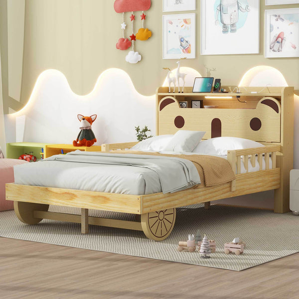 Full Size Car Bed with Bear-Shaped Headboard, USB and LED, Natural