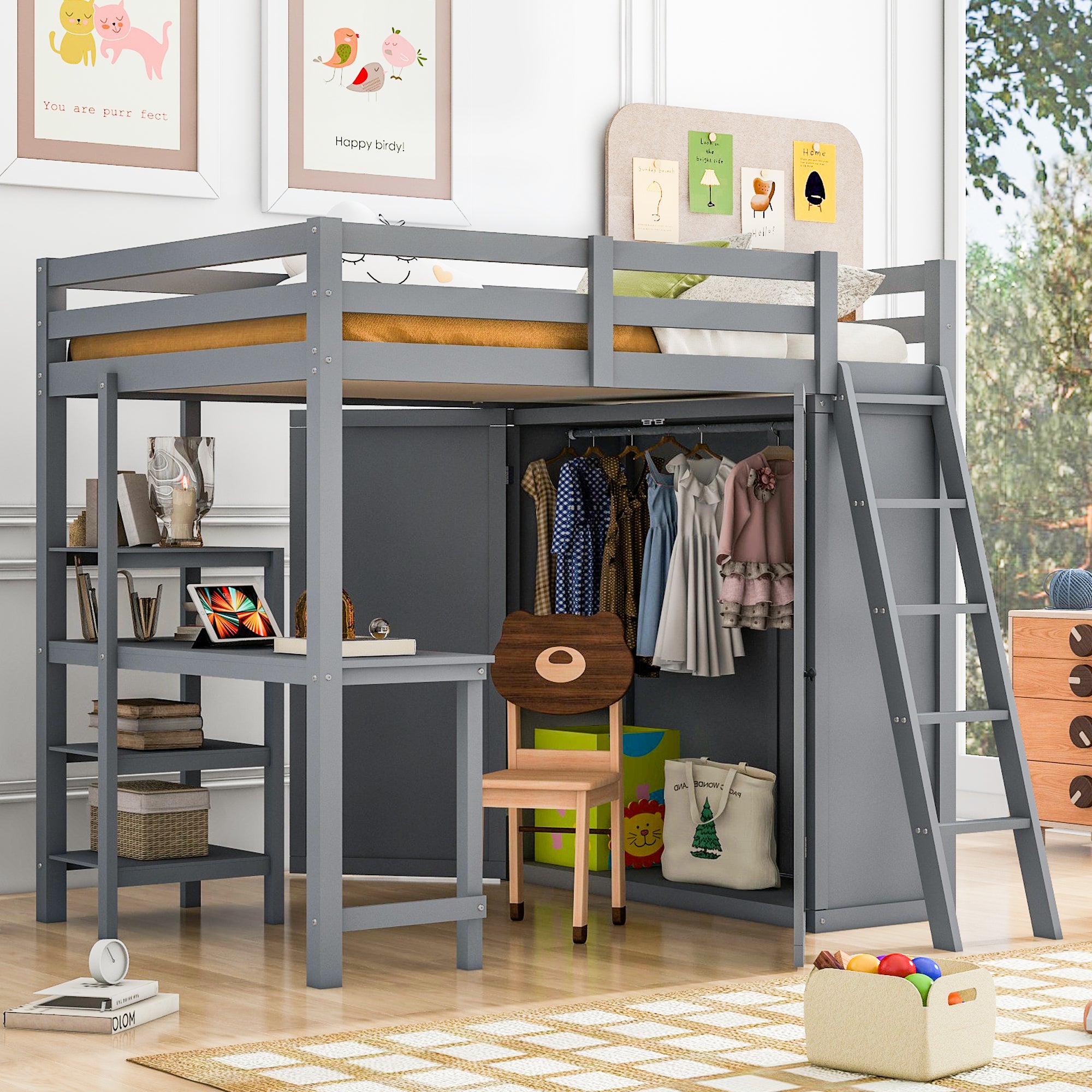 Full Size Loft Bed with Wardrobe and Desk and Shelves, Gray - Atlantic Fine Furniture Melbourne FL