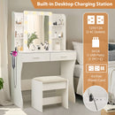Vanity Desk Set With Mirror & Adjustable Lights Power Outlet And Hair Dryer Rack 2 Drawers And 6 Shelves Includes Cushioned Stool - White