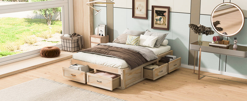 Full Size Platform Bed with 6 Storage Drawers,Antique Natural