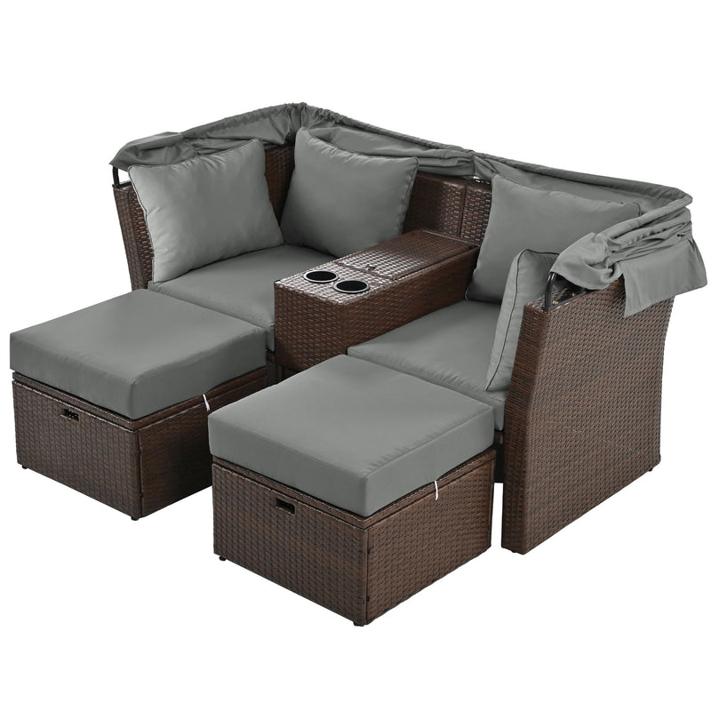 2 Seater Outdoor Patio Daybed Outdoor Double Daybed Outdoor Loveseat Sofa Set With Foldable Awning And Cushions For Garden, Balcony, Poolside