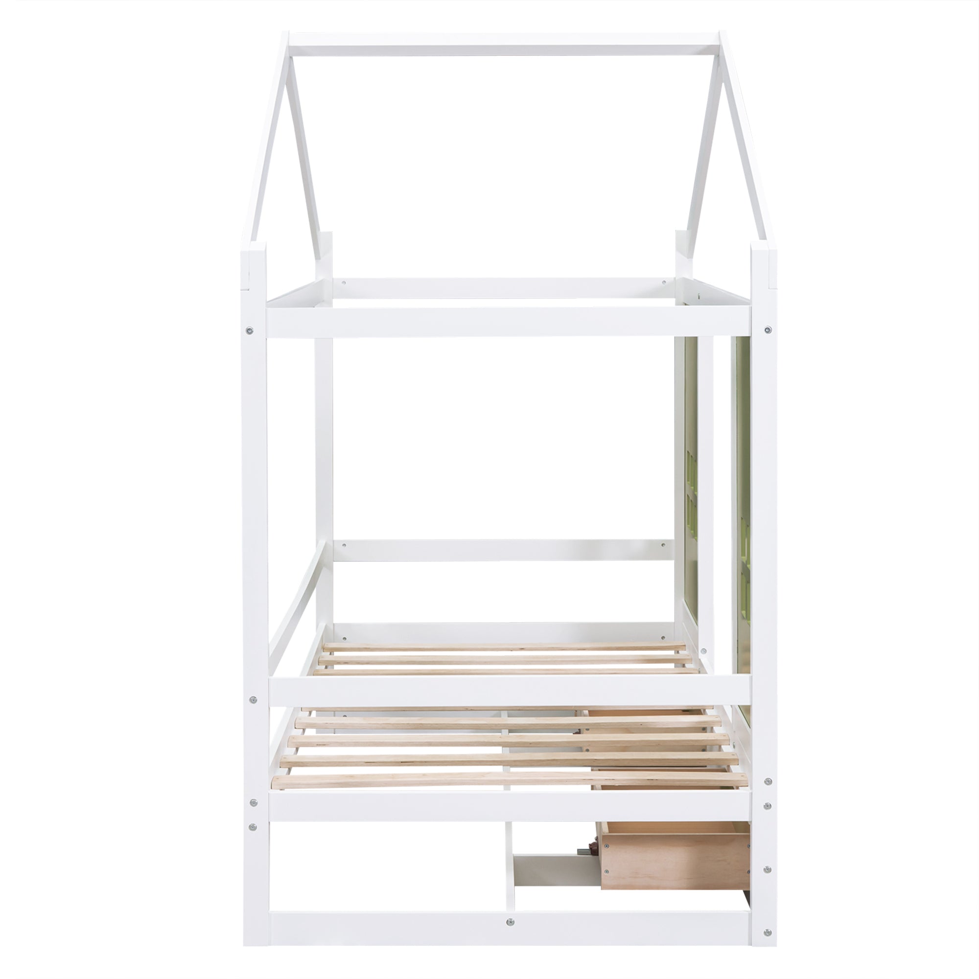 Twin Size Wood House Bed with 2 Drawers and Window Decoration, White+Olive Green - Atlantic Fine Furniture Melbourne FL
