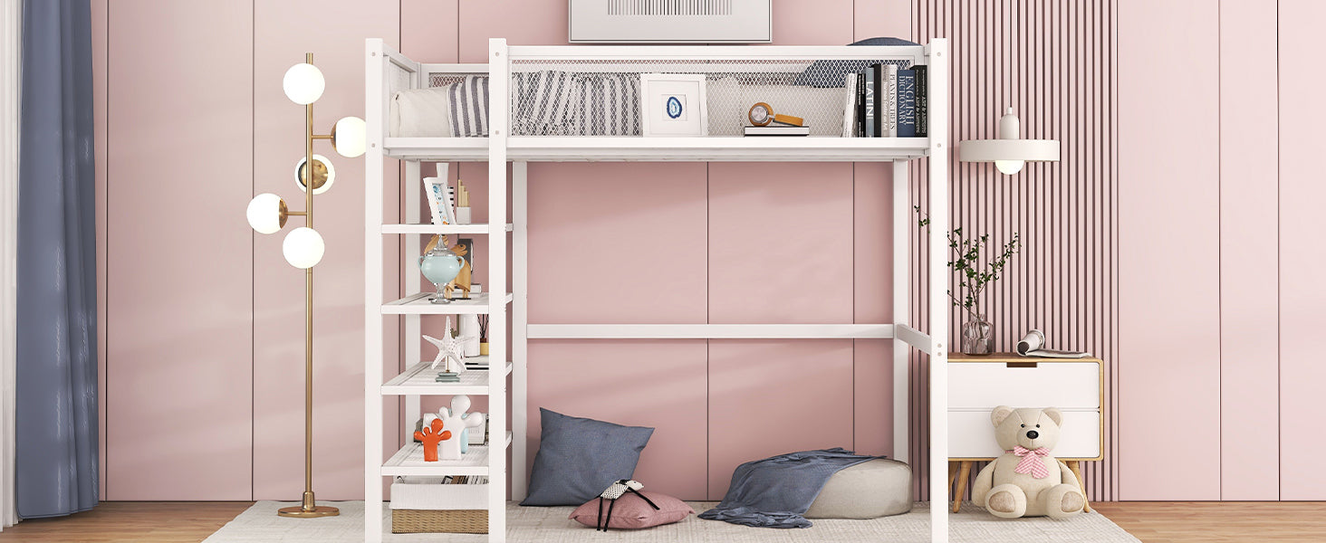 Twin Size Metal Loft Bed with 4-Tier Shelves and Storage, White - Atlantic Fine Furniture Melbourne FL