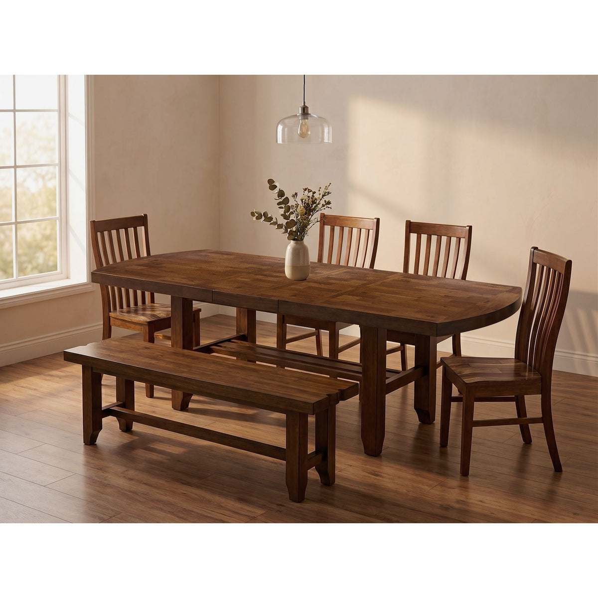 Gage 6 Piece Standard Height Dining Set (Rectangular Table, Four Chairs & Bench) in Chestnut by Elements International
