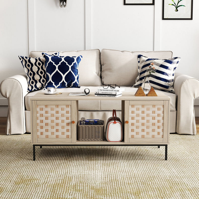 Elegant Veener Weaving Design Coffee Table With 4 Sliding Doors - Natural Wood