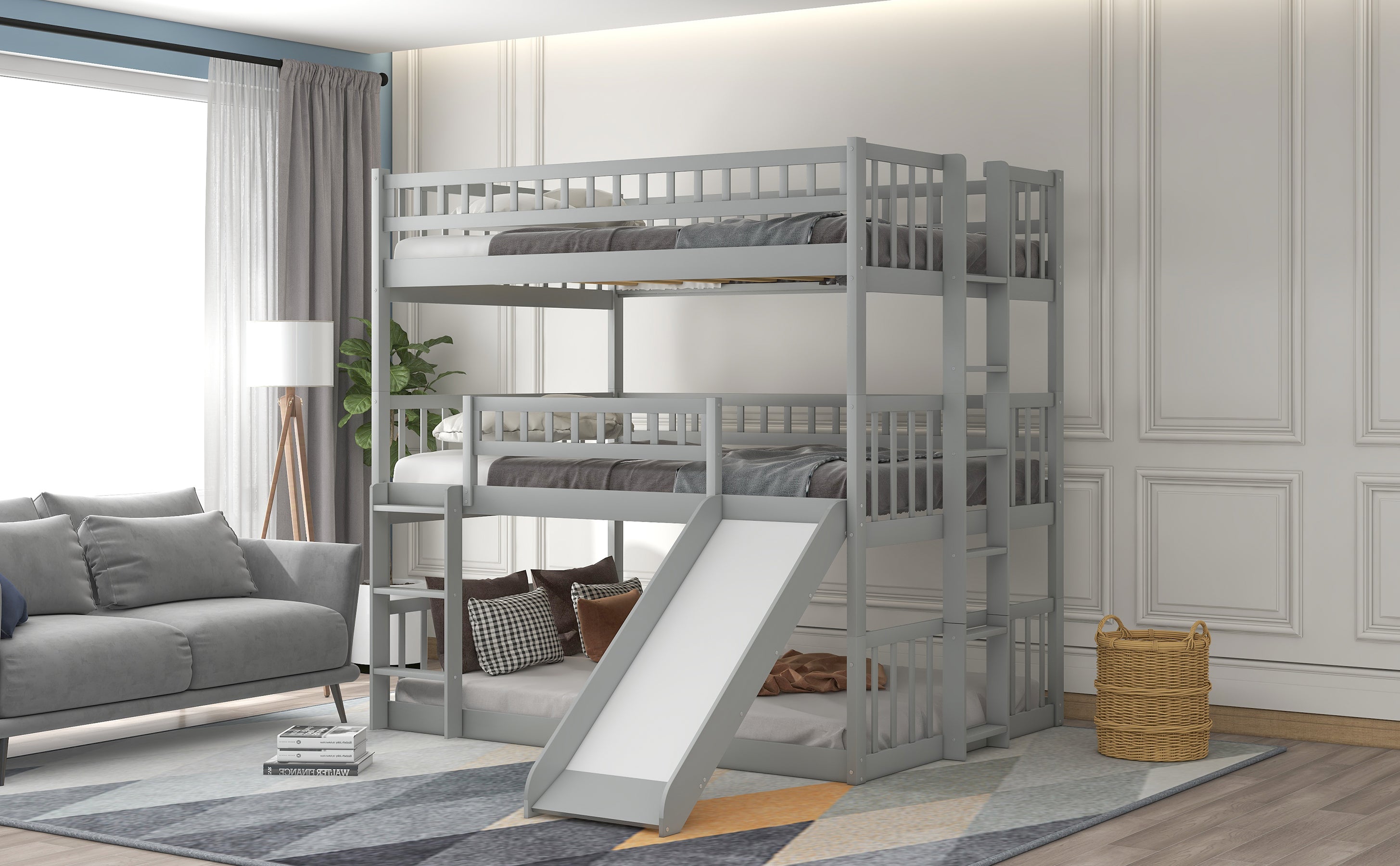Full-Over-Full-Over-Full Triple Bed with Built-in Ladder and Slide , Triple Bunk Bed with Guardrails, Gray(OLD SKU :LP000052AAE) - Atlantic Fine Furniture Melbourne FL