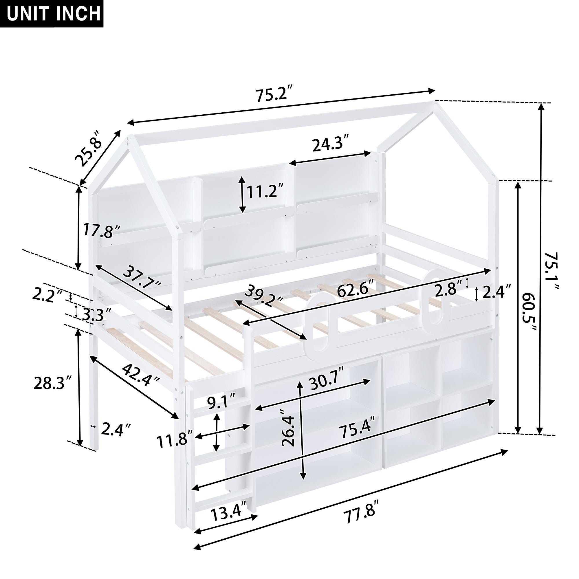 Twin Size House Loft Bed with Multiple Storage Shelves, White - Atlantic Fine Furniture Melbourne FL