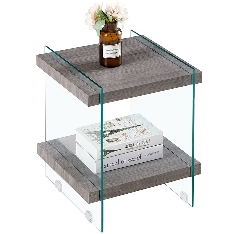 Sleek And Sturdy Tempered Glass Leg Side Table With Dual MDF Shelves, Modern Nightstand End Table For Living Roon, Bedroom - Transparent / Gray