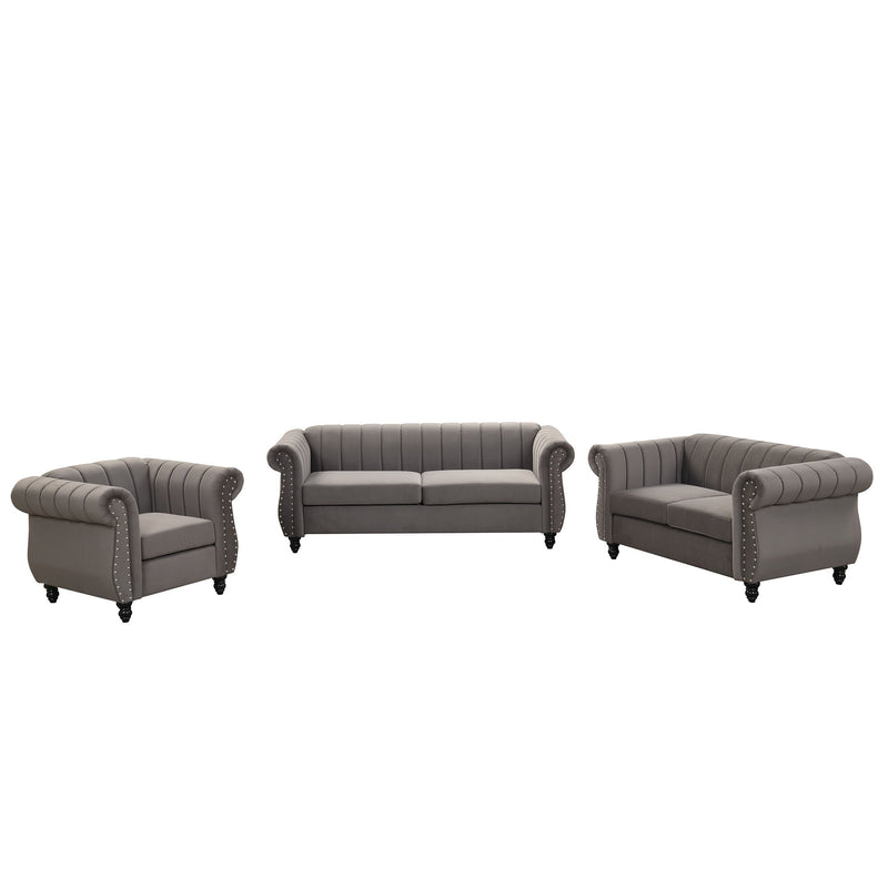 Modern Three Piece Sofa Set With Solid Wood Legs, Buttoned Tufted Backrest - Frosted Velvet Upholstered Sofa Set Including Three Seater Sofa, Double Seater And Living Room Furniture Set Single Chair