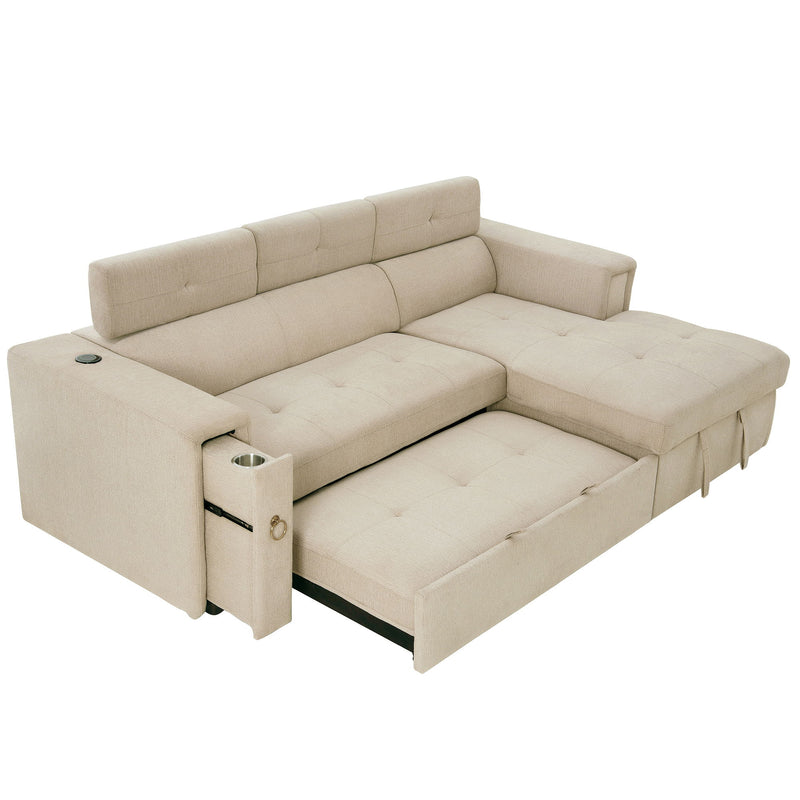 Multi-Functional Pull-Out Sofa Bed L-Shape Sectional Sofa With Adjustable Headrest, Wireless Charging, Cup Holders And Hidden Storage For Living Room