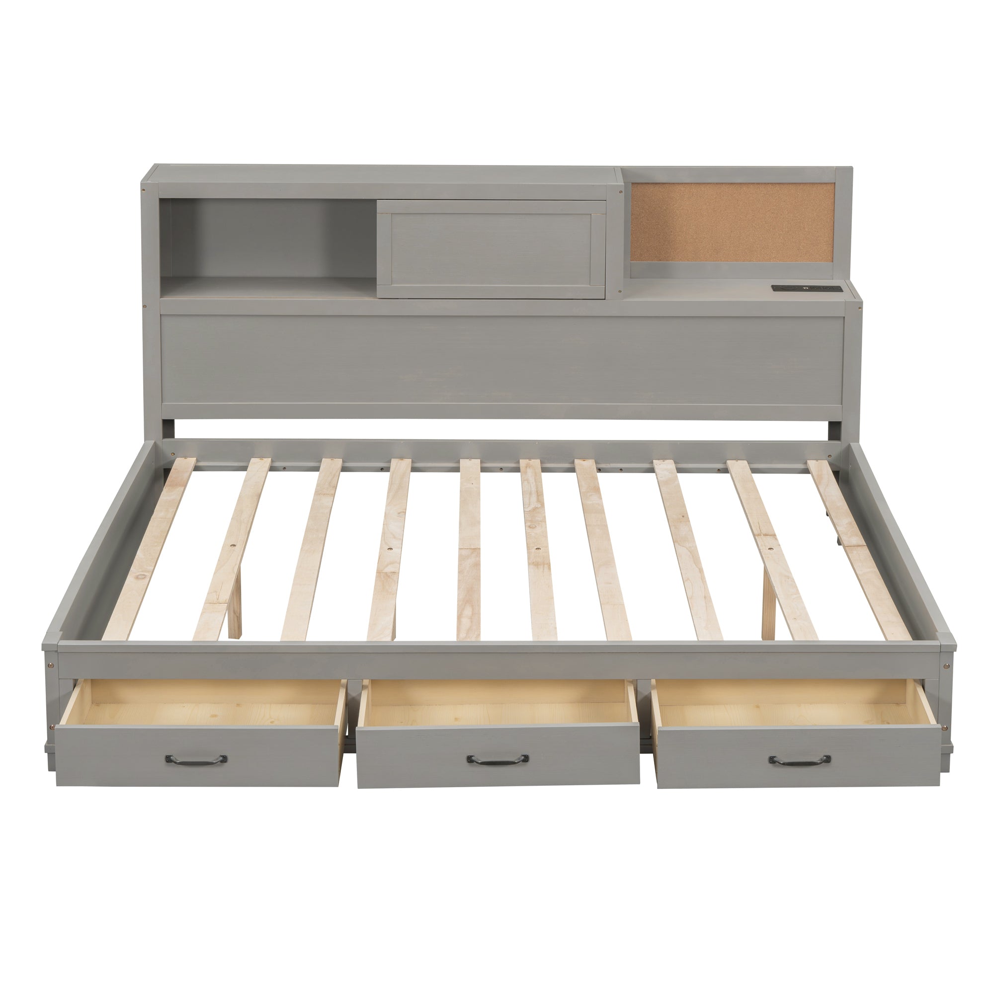 Full Size Wooden Daybed with 3 Storage Drawers, Upper Soft Board, shelf, and a set of Sockets and USB Ports, Gray - Atlantic Fine Furniture Melbourne FL