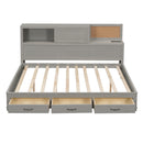 Full Size Wooden Daybed with 3 Storage Drawers, Upper Soft Board, shelf, and a set of Sockets and USB Ports, Gray
