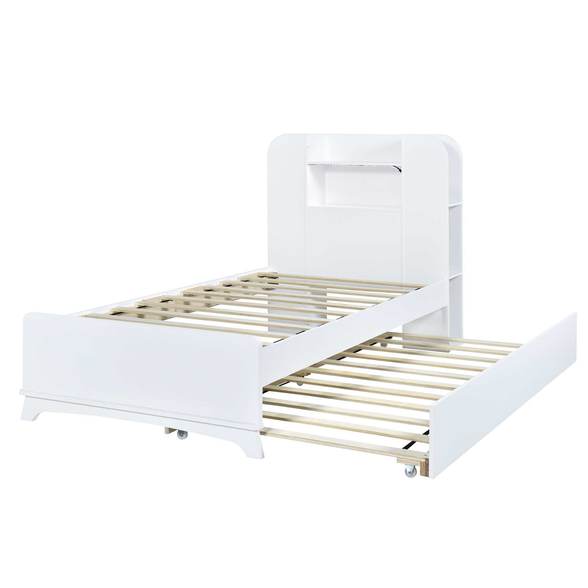 Twin Size Storage Platform Bed Frame with with Trundle and Light Strip Design in Headboard,White - Atlantic Fine Furniture Melbourne FL