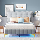 Full Size Velvet Platform Bed with LED Frame and Stylish Mental Bed Legs, Gray