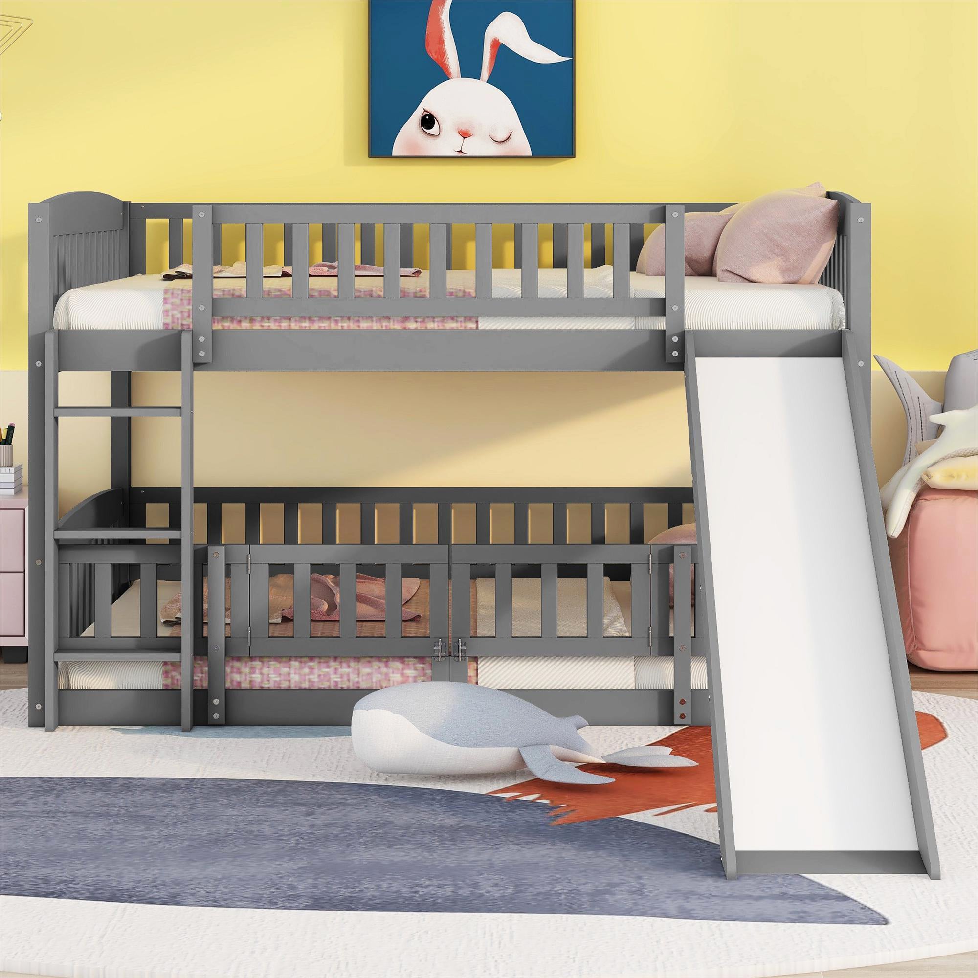 Bunk Bed with Slide,Full Over Full Low Bunk Bed with Fence and Ladder for Toddler Kids Teens Gray - Atlantic Fine Furniture Melbourne FL