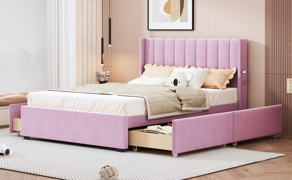 Full Size Upholstered Bed with 4 Drawers, Pink - Atlantic Fine Furniture Melbourne FL