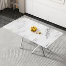 Large Modern Simple Rectangular Glass Dining Table for 6-8 People with 0.39-inch white imitation marble desktop and Silver Metal Legs for Kitchen Dining Living Room Meeting Room Banquet Hall 1538