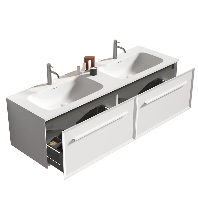 U052-Nevia60W-206 Nevia Bathroom Vanity With Automatic LED Drawer Light, Wall Mounted Bathroom Vanity With Integrated Solid Surface Sink, Without Drain - Snow White