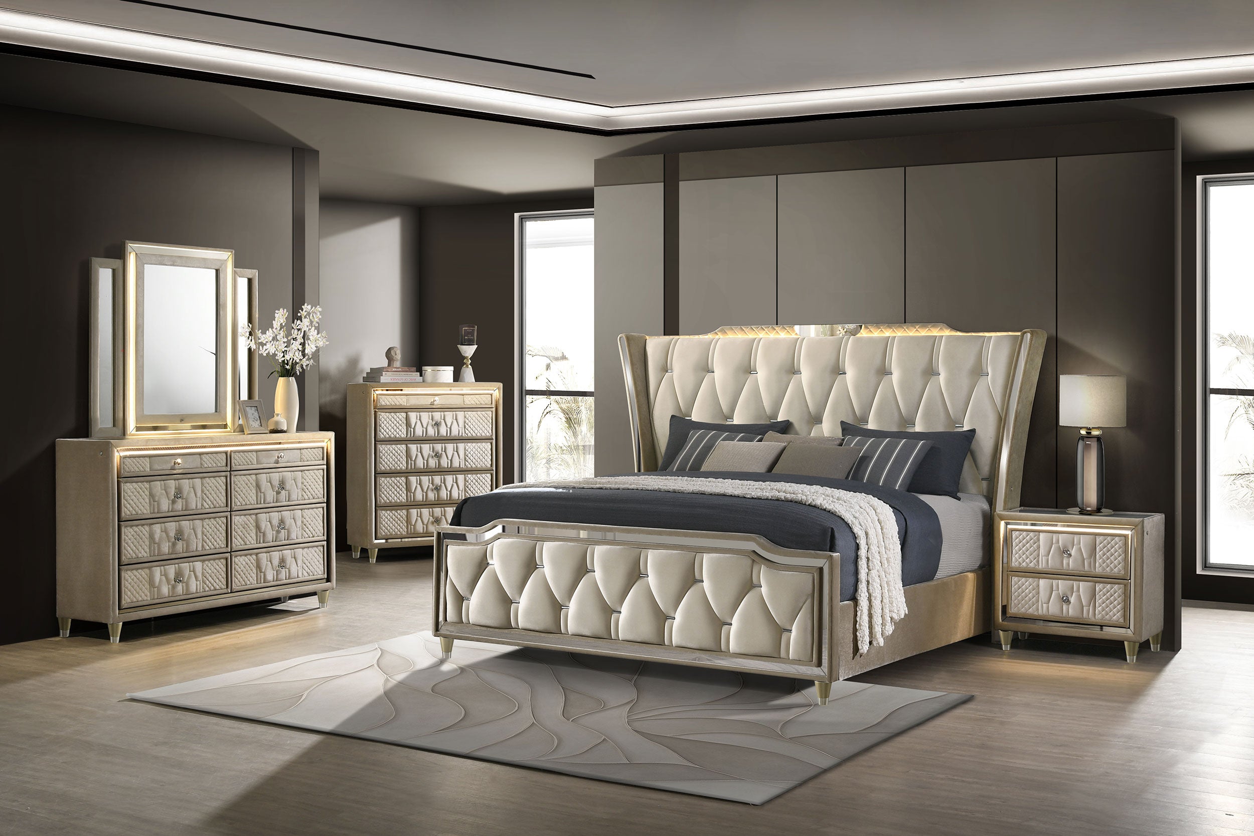 Lorient Eastern King LED Upholstered Bed Ivory and Camel — view 12